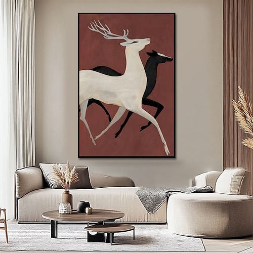 handgefertigtes Ölgemälde auf Leinwand, Wandkunst, Dekoration, Tier, Retro, Elch, abstrakt, für Zuhause, Wohnzimmer, Dekoration, gespannter Rahmen, hängendes Gemälde/gerolltes rahmenloses, ungedehntes Image