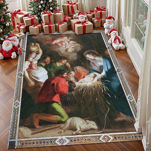 Krippe Teppich für Wohnzimmer und Schlafzimmer Faux Kaschmir Jesus Geburts Teppich mit Maria Josef und Baby Jesus religiöse Weihnachtskunst weich rutschfest maschinenwaschbar Teppich, Image