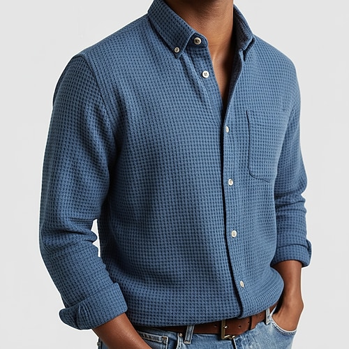 Herren Hemd Waffelhemd Freizeithemd Stehkragenhemd Knopfhemd Blau Rosa Wein Marineblau Langarm Einfach Texture Mandarinkragen Lässig Täglich Fronttasche Bekleidung Mode Modern Lässig Bequem Image