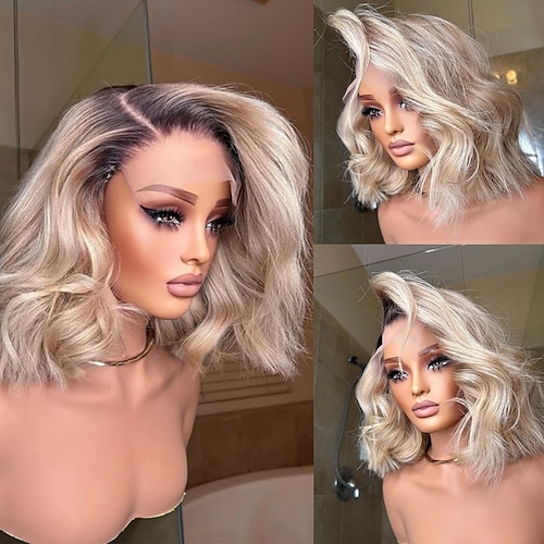 Remy Echthaar 5x5 Verschluss 13x4 Spitzenfront Perücke Kurzer Bob Brasilianisches Haar Gewellt Blond Perücke 150% 180% Haardichte mit Babyhaaren Ombre-Haar 100% Unbehandelt Kleberfrei Vorgerupft Für Image