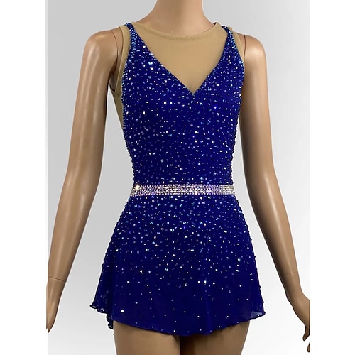 Eiskunstlaufkleid Damen Mädchen Eislaufkleid Blau Dehnbar Training Wettkampf Eiskunstlaufbekleidung Thermo Warm Kristall/Strass Ärmellos Eislaufen Eiskunstlauf Image