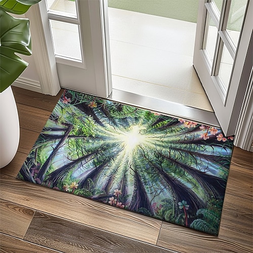 Wald Sonnenlicht Fußmatte für Eingangsbereich Weich Rutschfest Maschinenwaschbar Faux Kaschmir Natur Baumdach Design Eingangstür Teppich Eingangsbereich Teppich Phoenix Redwoods von Dakota Daetwiler Image