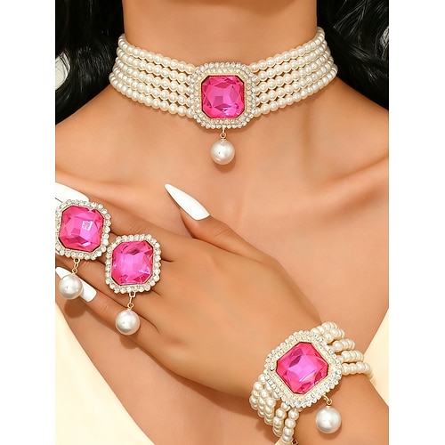 Damen Perlen- und grüner Edelstein Schmuckset 3-teilig, Vintage Halsband, Armband Ring für Weihnachtsfeiern, Weihnachtsgeschenke elegante Abende Image