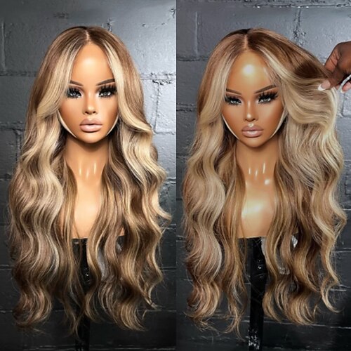 Remy Echthaar 5x5 Verschluss 13x4 Spitzenfront Perücke Mittelscheitel Brasilianisches Haar Gewellt Blond Braun Mehrfarbig Perücke 130% 150% Haardichte Hervorgehobenes / Balayage-Haar Natürlicher Image