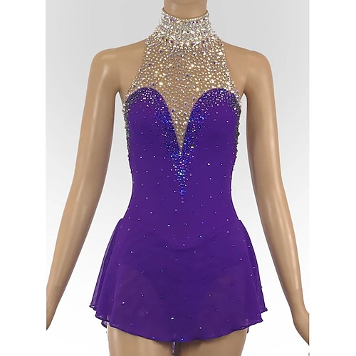 Eiskunstlaufkleid Damen Mädchen Eislaufkleid Lila Dehnbar Training Wettkampf Eiskunstlaufbekleidung Thermo Warm Kristall/Strass Ärmellos Eislaufen Eiskunstlauf Image