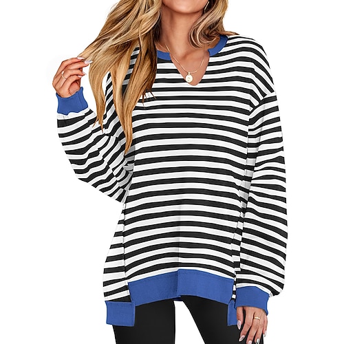 Damen Pullover Lässige Oberteile Langarm Oberteil Athleisure Herbst Winter V Ausschnitt Gestreift Warm Weich Outdoor Urlaub Sportbekleidung Sportkleidung Schwarz Rosa Blau Image