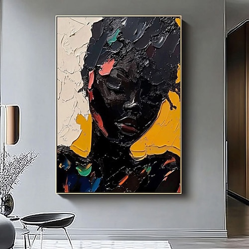 handgefertigtes Ölgemälde auf Leinwand, Wandkunst, Dekoration, einfache abstrakte Figur, Porträt eines afrikanischen Mädchens für die Inneneinrichtung, gespannter Rahmen, hängendes Gemälde/gerolltes Image