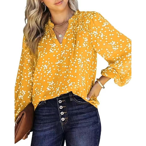 Damen Bluse Gerafft Druck Tupfen Vintage Stilvoll Langarm V Ausschnitt Normale Oberteile Täglich Arbeit Ferien Blau Schwarz Weiß Gelb Wein Frühling Herbst Winter Image