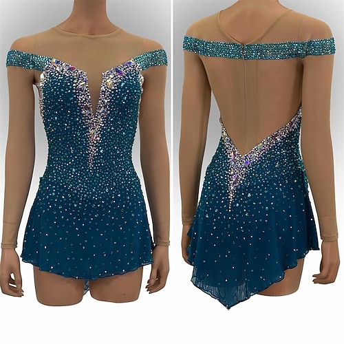 Eiskunstlaufkleid Damen Mädchen Eislaufen Kleid Blau Patchwork Asymmetrischer Saum Spandex Netzstoff Hohe Elastizität Training Professionell Wettbewerb Eiskunstlaufkleidung Klassisch Kristall / Strass Image