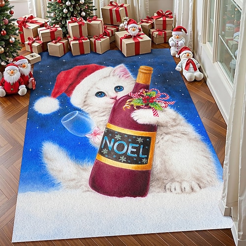 Weihnachtsbereich Teppich für Wohnzimmer und Schlafzimmer Faux Kaschmir Weiße Katze im Weihnachtsmannhut mit Flasche haltender Teppich Festliche Feiertagskunst Teppich Weich Rutschfest Image