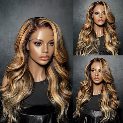 Remy Echthaar 5x5 Verschluss 13x4 Spitzenfront Perücke Freier Scheitel Brasilianisches Haar Bodywave Mehrfarbig Perücke 150% 180% Haardichte mit Babyhaaren Hervorgehobenes / Balayage-Haar Natürlicher Image