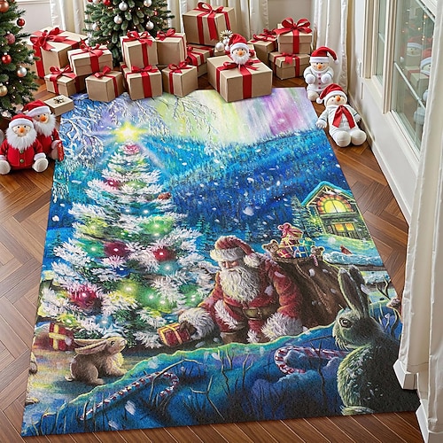 Weihnachtsbaum Teppich für Wohnzimmer und Schlafzimmer Faux Kaschmir Winterwald-Szene Teppich Feiertags Kunstteppich weicher rutschfester maschinenwaschbarer Teppich Weihnachtsszene von Dakota Image