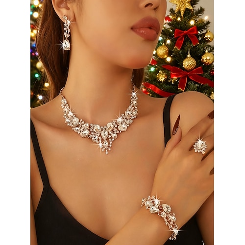 Damen grün Kristall Schmuck-Set 4-teilig, elegante Halskette, Ohrringe, Armband Ring für Weihnachtsfeiern, Weihnachtsgeschenke formelle Veranstaltungen Image