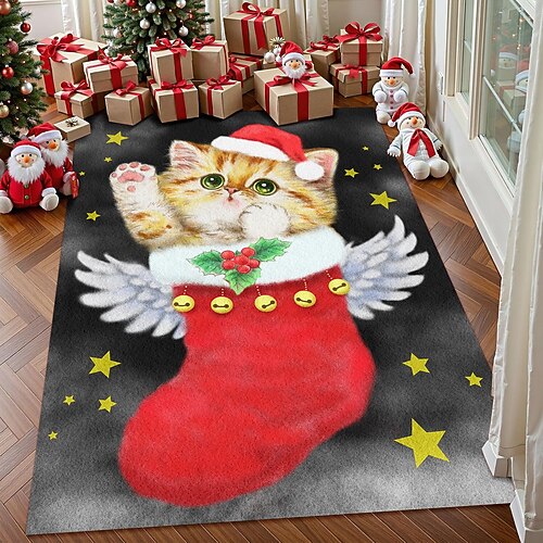 Weihnachtskatze in Socke Bereich Teppich für Wohnzimmer und Schlafzimmer Faux Kaschmir Feiertags Teppich mit Weihnachtsmannhut Niedlich geflügelte Kunst Teppich Weich Rutschfest Maschinenwaschbar Image