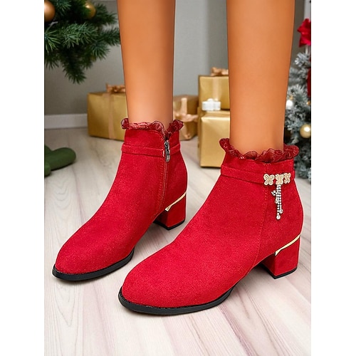 Rote Damenstiefeletten mit Strassschleife – elegante Festtagsstiefel mit Absatz für Weihnachtsfeiern und Wintermode Image
