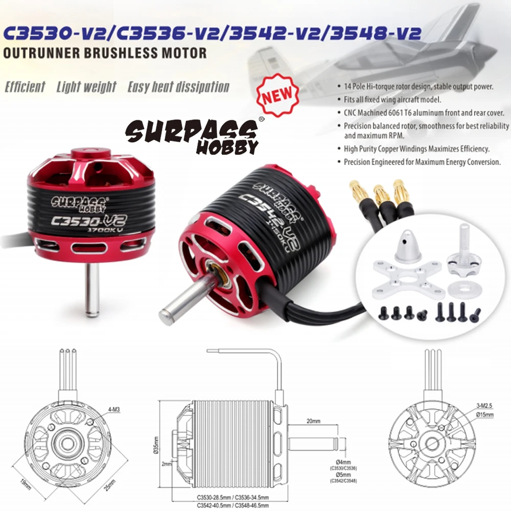 Surpass Hobby C3530 3536 3542 3548 V2 14-Pole Outrunner Brushless Motor for RC Aircraft Drone Plane Multicopter RC Model Parts