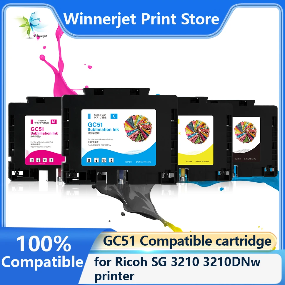 Cartouche d'encre Compatible GC51 BK/55ml CMY/45ml, avec encre par Sublimation, avec puce à usage unique pour imprimante Ricoh SG 3210 3210DNw