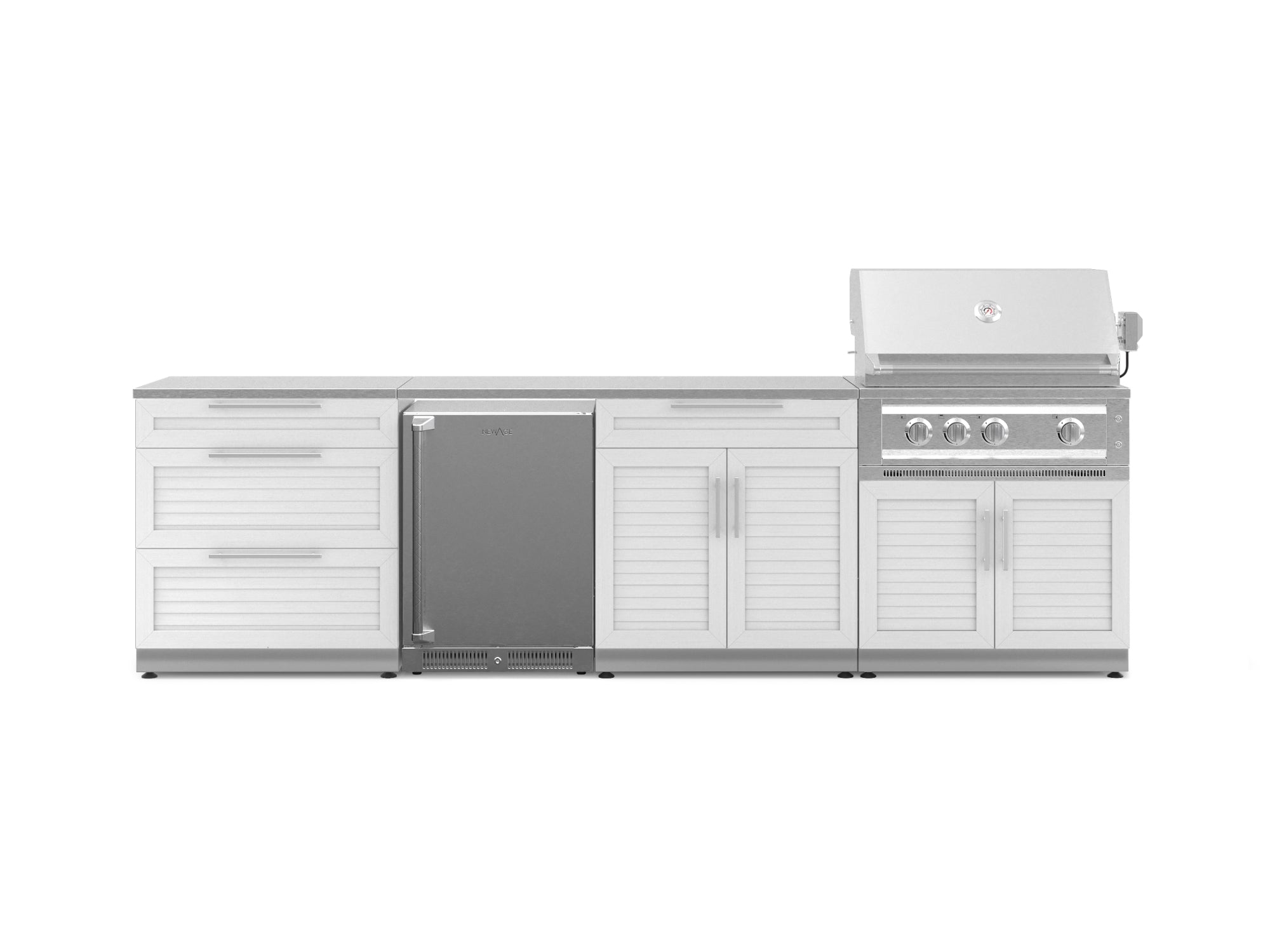 NewAge Outdoor Kitchens Stainless Steel 7-Piece Cabinet Set with 3-Drawer, Bar, Grill Cabinet, Platinum Grill, Countertop, and Stainless Steel Door Fridge