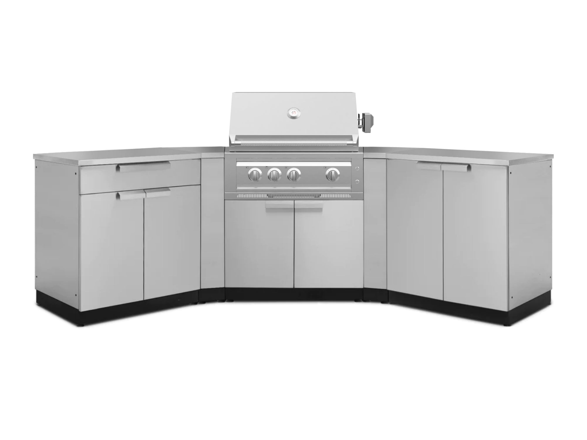 NewAge Outdoor Kitchens Stainless Steel 7-Piece Cabinet Set with 2 Door, Bar, Corner, Grill Cabinet, Platinum Grill, and Countertops