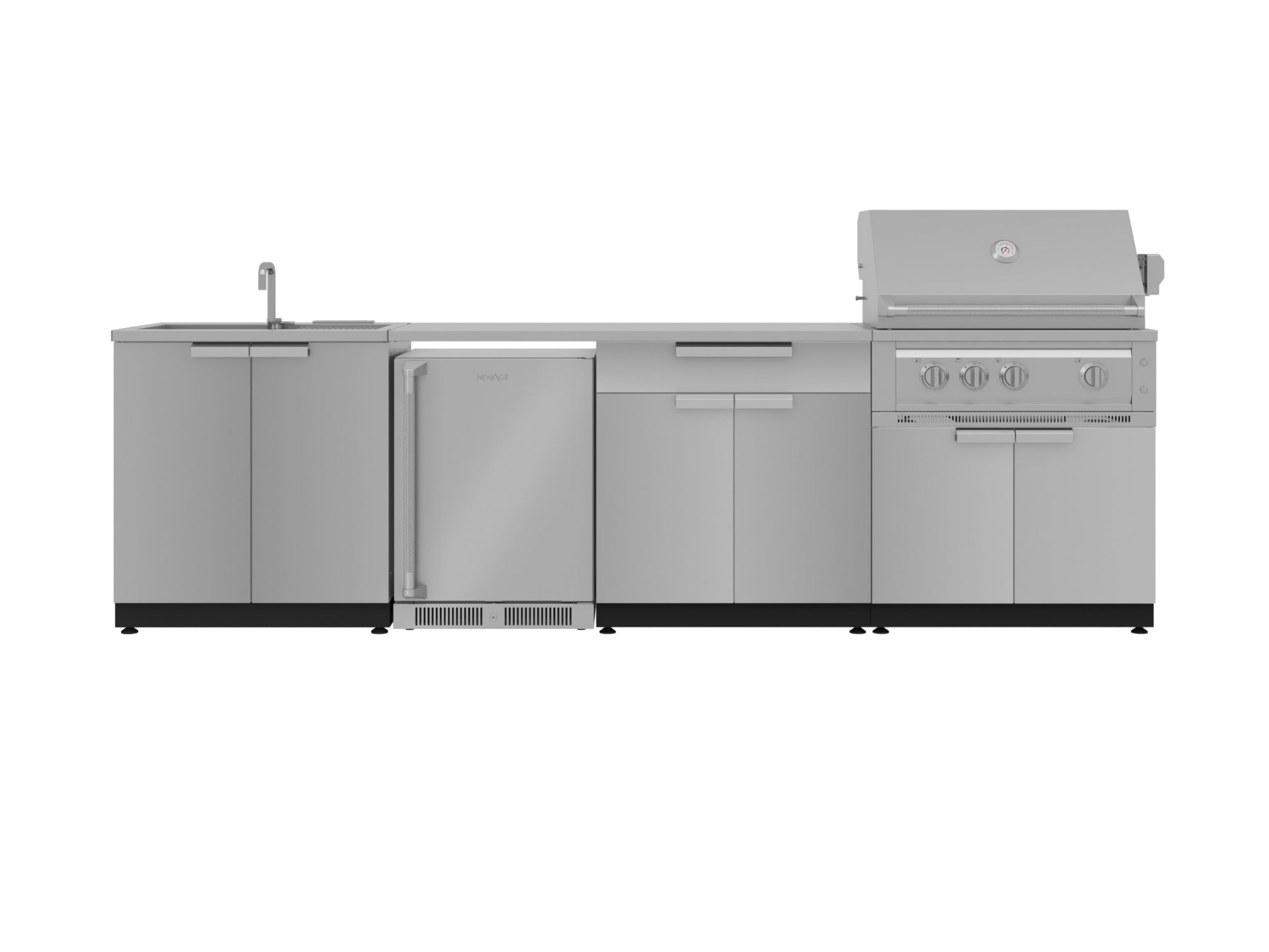 NewAge Outdoor Kitchens Stainless Steel 6-Piece Cabinet Set with Sink, Bar, Grill Cabinet, Platinum Grill, Countertop and Fridge