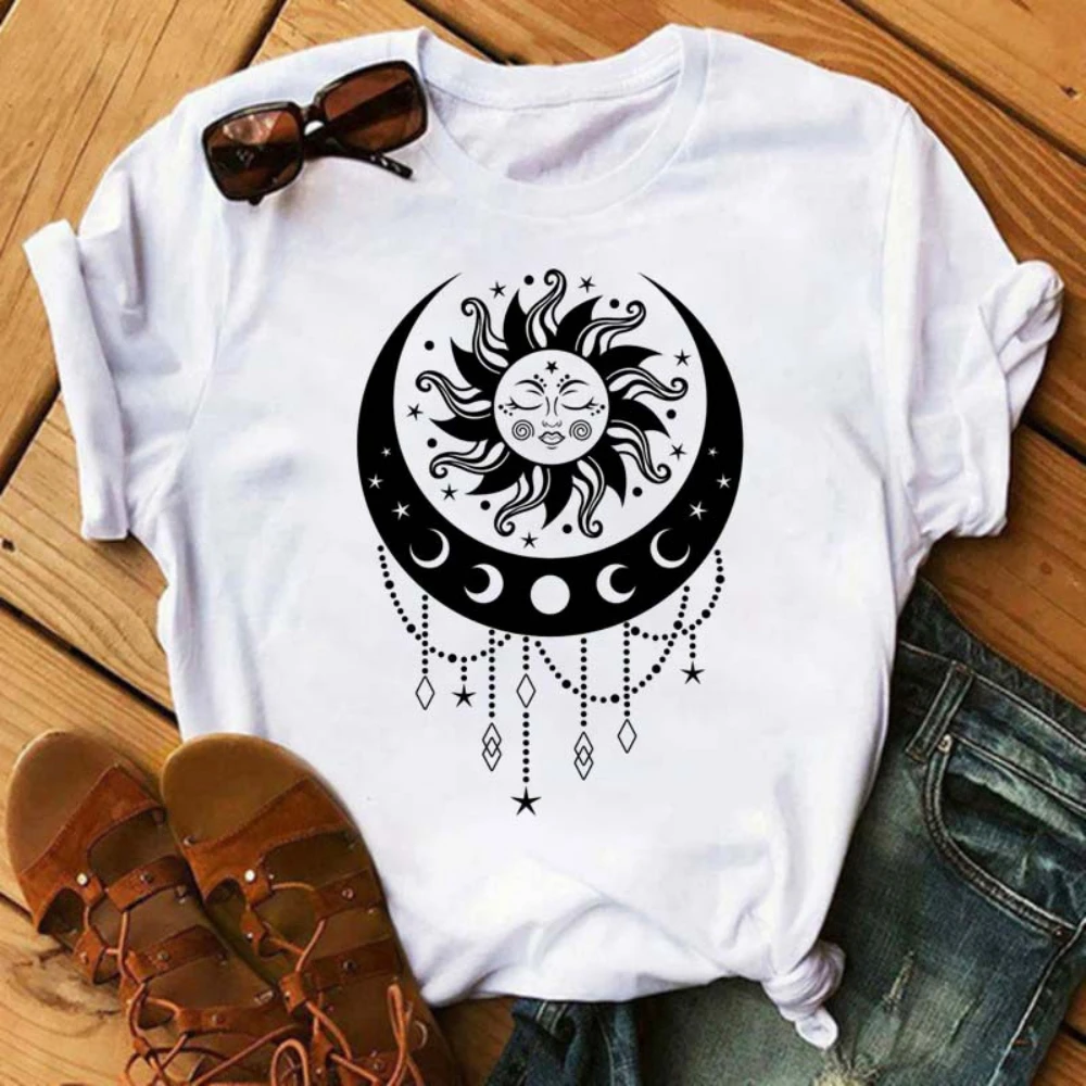 Mode Gold und Weiß Sonne Mond Sterne Frauen T Shirt Kurzarm Frauen T-shirt Langlebig Plus-größe Casual T-shirt täglichen Streetwear