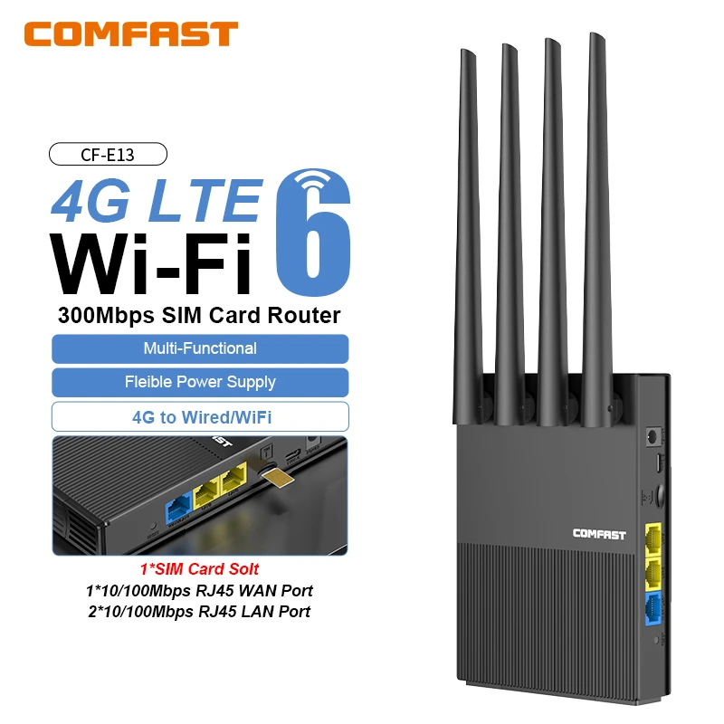 Comfast WiFi6 4G LTE Cat.4 SLM-Karten-WLAN-Router 300 Mbit/s 2,4 G 4 Antennen PlugPlay Tragbarer Internet-WLAN-Router für den Außenbereich Image