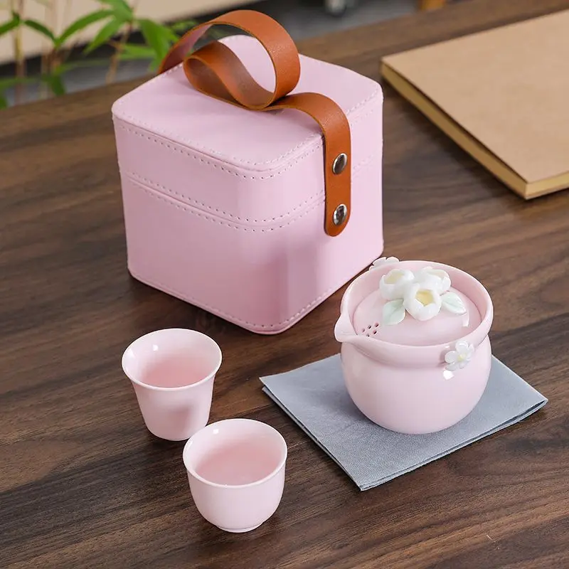 Tragbares Reise-Teeset mit eingeklemmten Blumen, kleines Set, Souvenir-Geschenk, rosa Express-Tasse für Damen, zwei Tassen für eine Person, Geschenk zum Verschenken