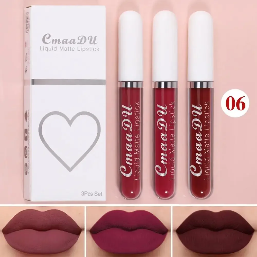 Samtmattes flüssiges Lippenstift-Set, 3-teilig, wasserfest, langlebig, Lipgloss, 24 Stunden tragen Make-up, Schönheit, Kosmetik, neutrale Farbtöne Image