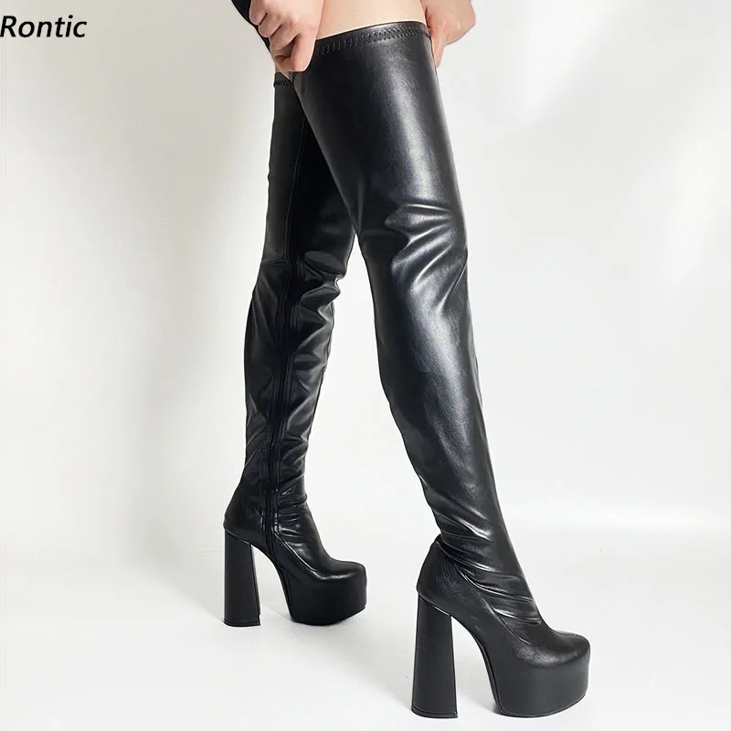 Rontic Neue Frauen Frühling Oberschenkel Stiefel Super Sexy Versteckte Wasserdichte Hoof Heels Runde Kappe Schöne Schwarz Party Schuhe UNS Größe 5-15