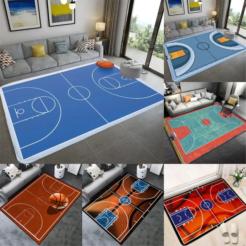 Basketballplatz Design Teppich Blau Orange Rot Farbe Rutschfeste Bodenmatte für Sportthema Zimmer Home Decor Teppich Image