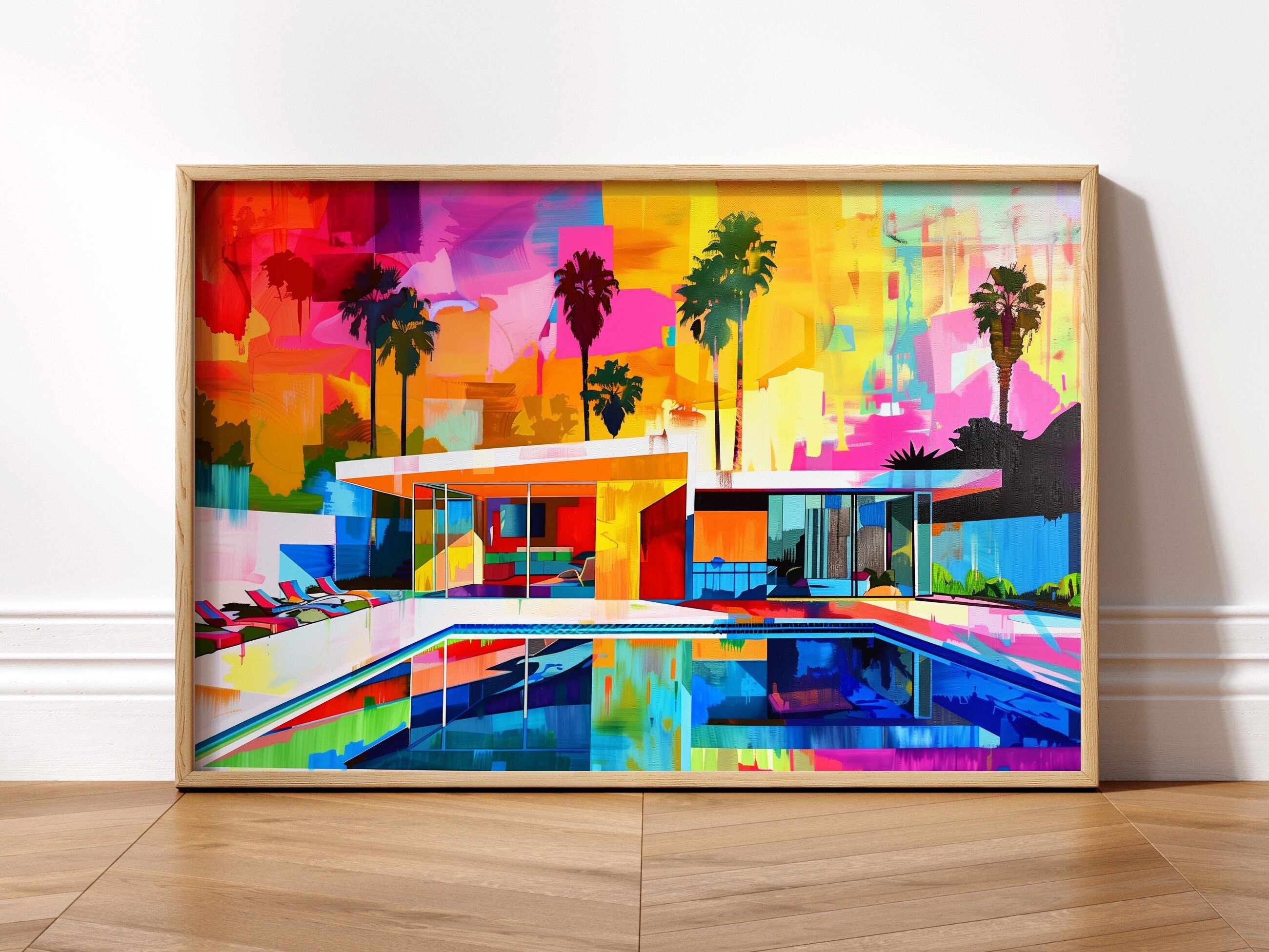 Quadro astratto per casa in stile Mid-Century Modern / Stampa di architettura espressionista di Palm Springs / Paesaggio retrò colorato