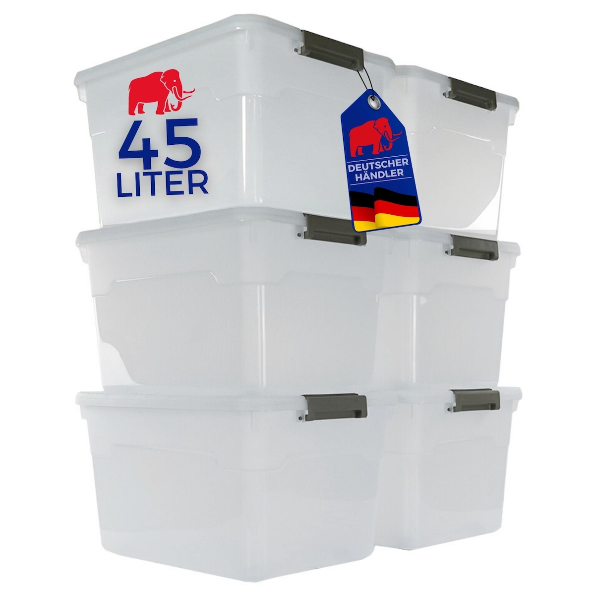 PROREGAL Aufbewahrungsbox mit Deckel 45L 6er Set Groß Rollen transparent stapelbar Kunststoffbox Verschlussclips Stapelbox Aufbewahrungsbehälter Image
