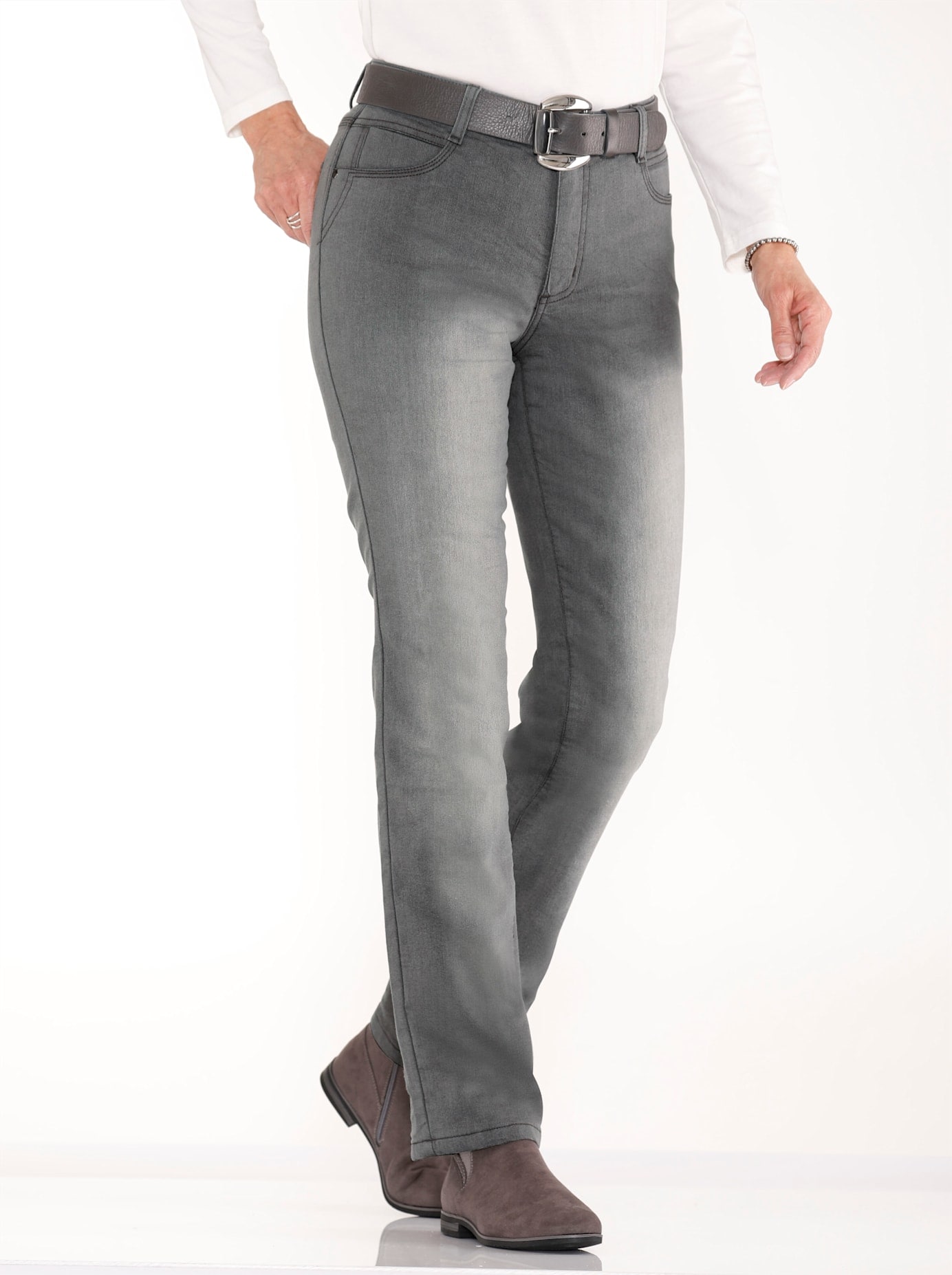 Thermojeans CASUAL LOOKS, Damen, Gr. 50, Normalgrößen, grau (grau, denim), 81% Baumwolle, 17% Polyester, 2% Elasthan, unifarben, lang, Jeans Thermojeans