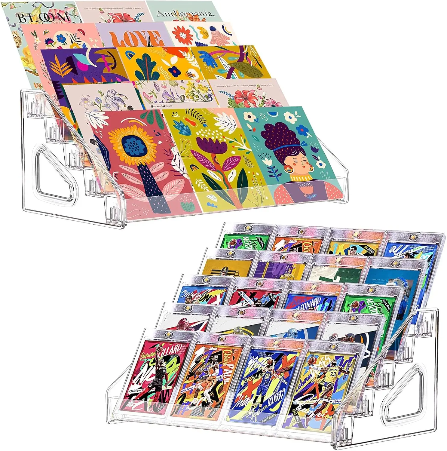 2 Pack 5 Tier Acrylic Card Display Stand, Trading Card Display Rack, Clear Card Stand for PSA Cards, Baseball Cards and Stickers