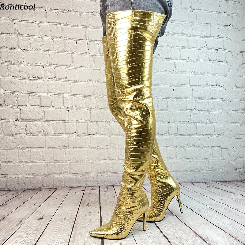 Ronticool Handgemachte Qualität Frauen Winter Oberschenkel Stiefel Sexy Krokodil Stiletto Absatz Spitz Gold Silber Club Schuhe Uns Größe 5-15