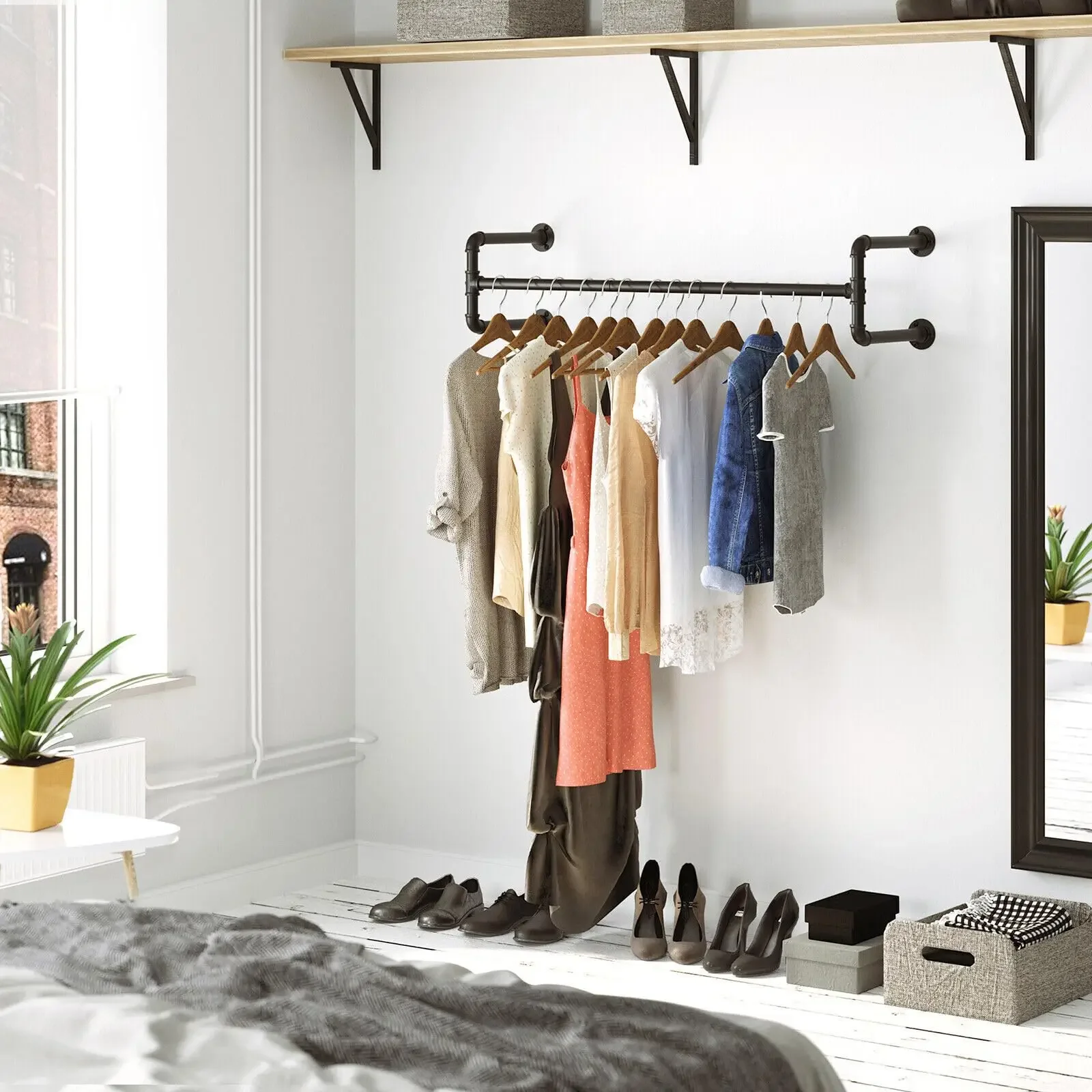 Industrial Pipe Wandmontierter Kleiderstange, Kleiderständer, 115 cm, Kleiderschrankstange, Schwarz, ideal für Schlafzimmer, Wohnzimmer, Bekleidungsgeschäft