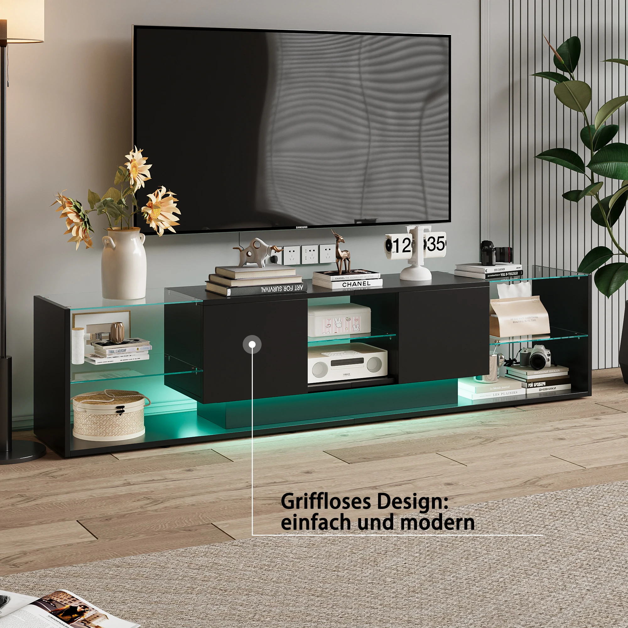 Creahappy TV-Ständer mit LED-Beleuchtung, niedriger Schrank, TV-Schrank, TV-Tisch, Sideboard, Hi-Fi-Schrank, Fernsehmöbel – Schwarz