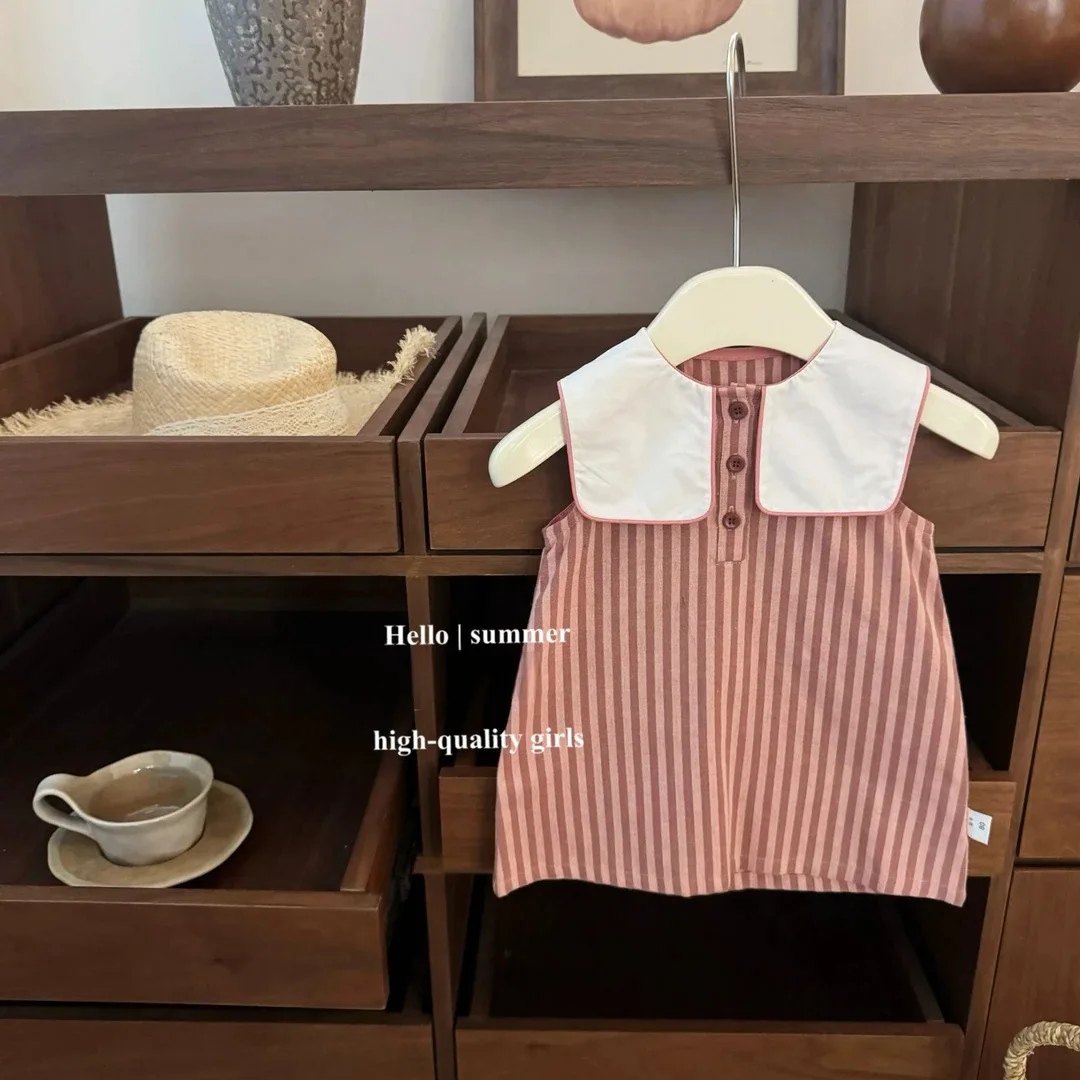 Ärmelloses gestreiftes Kleid für Babys mit Revers, niedlicher runder Ball, Sommer, neuer College-Stil Image