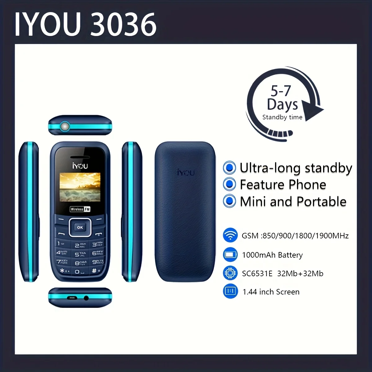 Ultralange Standby-Zeit IYOU 3036 verfügt über das Telefon, Basistelefon, 1,44-Zoll-Bildschirm, kabelloses FM-Dual-Card-Dual-Standby-Telefon mit 1000 mAh
