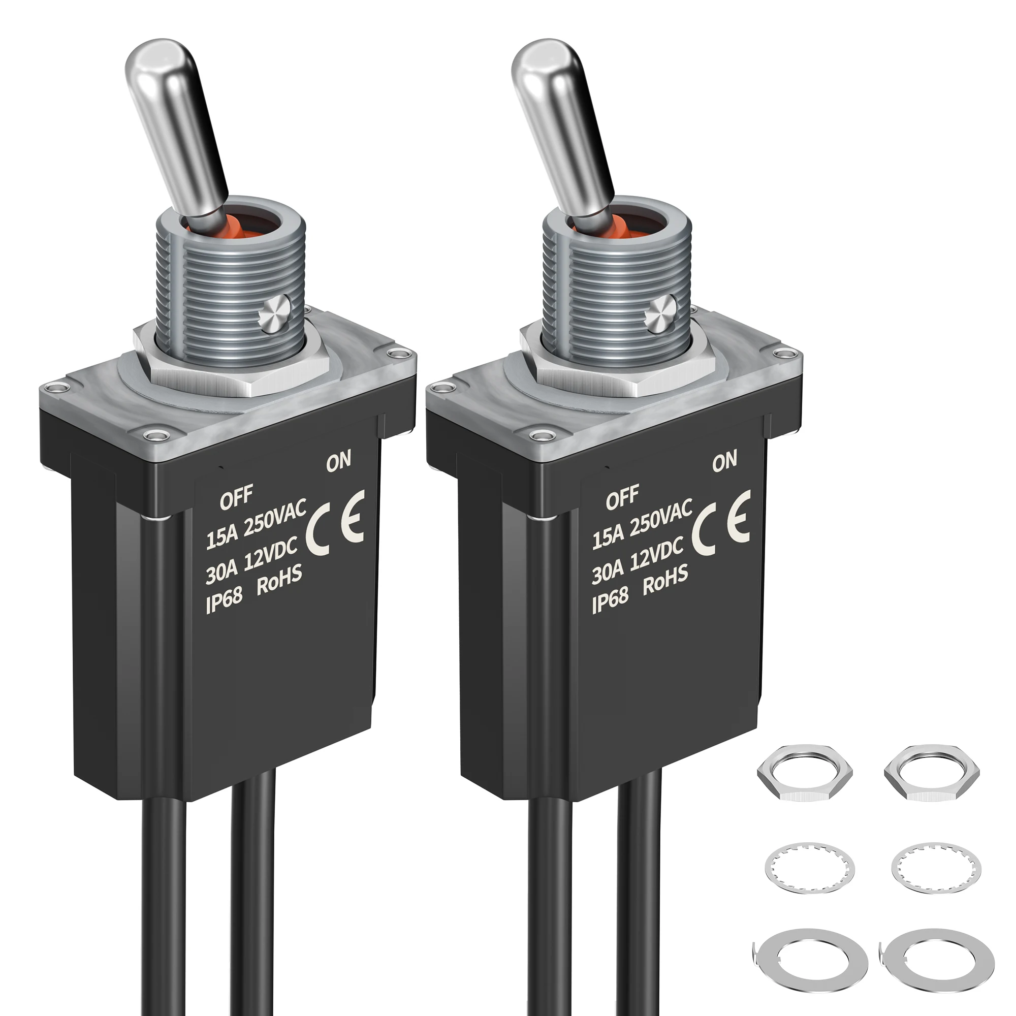 2PCS Pre-Wired Kippschalter 12V IP68 Wasserdicht SPST ON-Off Schalter 12V DC 30A Heavy Duty Rast Rocker Schalter Fit für Auto RV Image