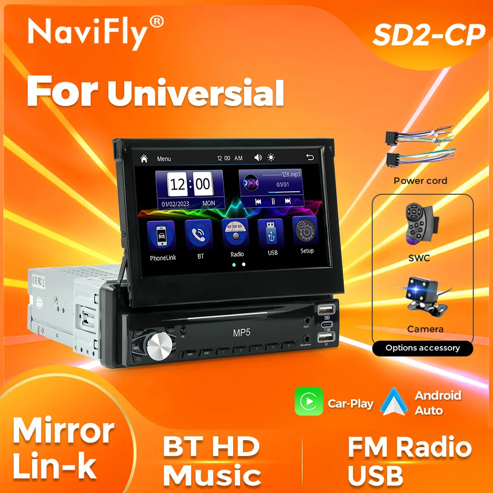 NaviFly 7 Zoll 1 DIN einziehbarer Bildschirm Drahtloses CarPlay Android Auto Autoradio FM BT AUX Spiegellink für Toyota Kia Hyundai Lada Image