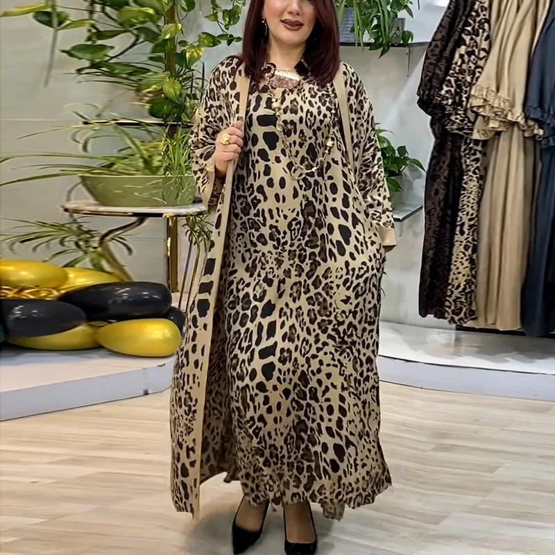 Muslimisches Maxikleid Abaya 2-teiliges Set Damen Party Lange Strickjacke Robe Leopardenmuster Dubai Jalabiya 2025 Kaftan Islam Vestidos Anzüge Image