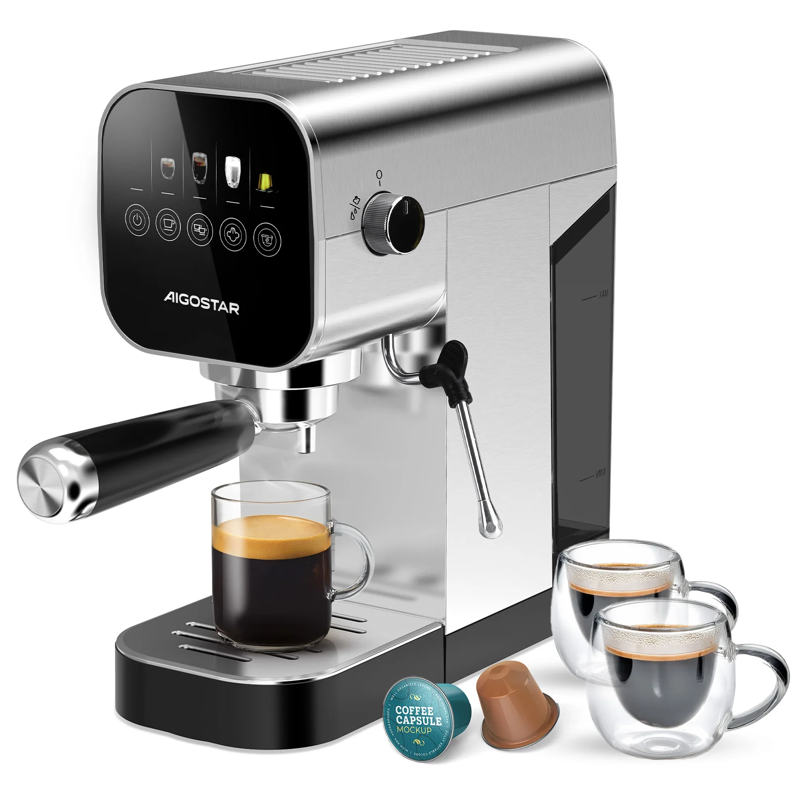Aigostar Barista - Macchina da Caffè Espresso e Cappuccino, Compatibile con capsule e caffè macinato, 20 Bar, Schermo Touch, 1 o 2 tazze, espresso macchina caffè con vaporizzatore, 0.9L, 1350W, Inox