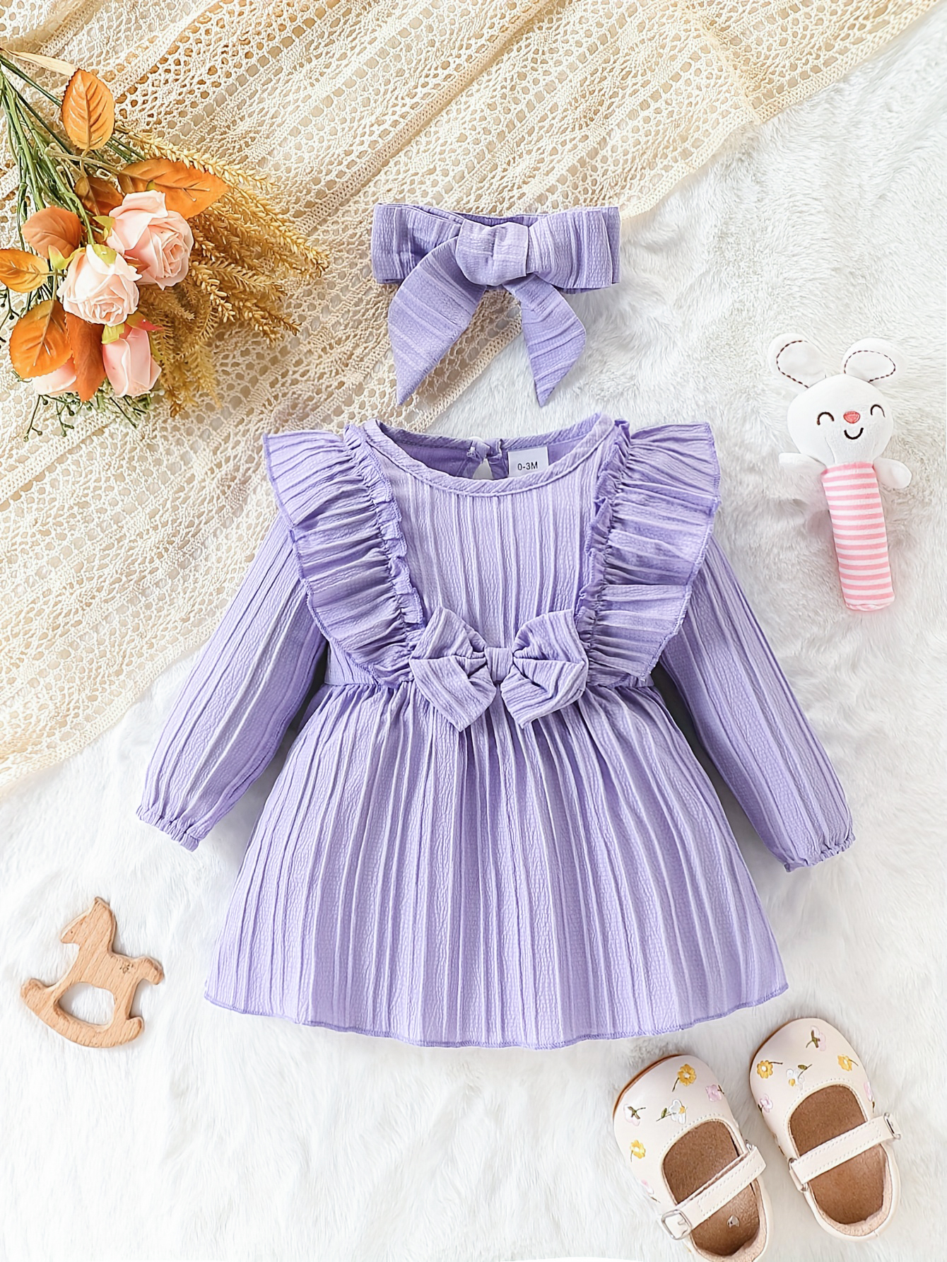 Autumn Baby Girl Long Sleeved Purple Ruffled Butterfly Dress 2Pcs Set With Headband Cute Female Baby Clothes 1 6 9m