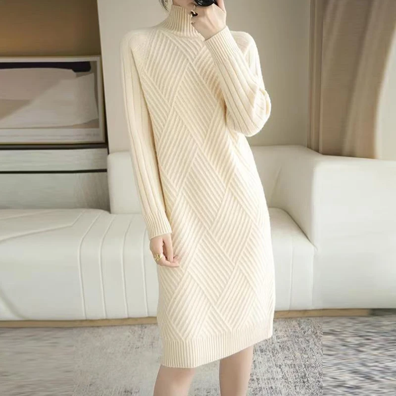Women Wool Sweater Dress Autumn Winter, Mock Neck Ribbed Solid Knit, Elegant Party Dress For Ladies pink m