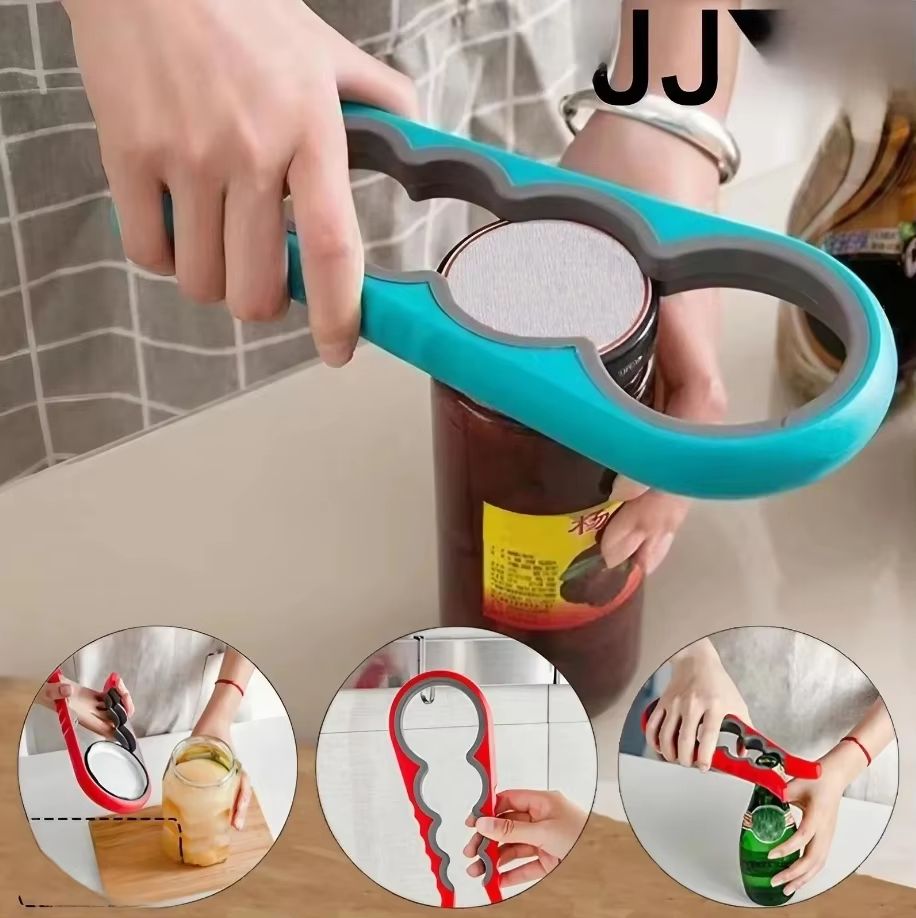 4 in 1 Multi Function Can Opener Easy Grip Bottle Cap Twister And Anti Slip Handle Opener For Cans And Beverages silver