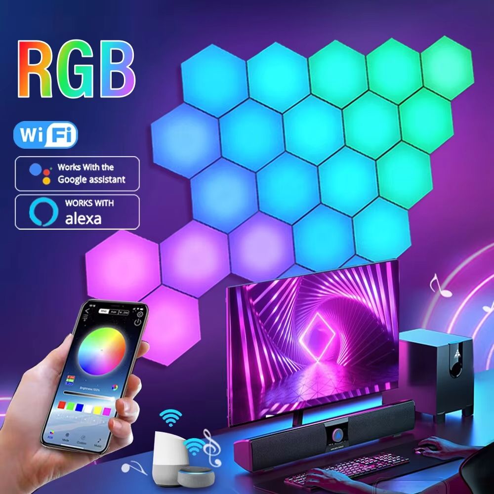 RGB Smart Hexagonal Wall Light Panels Music Sync, App Control & DIY Layout For Ambient Lighting bt Wireless 10pcs
