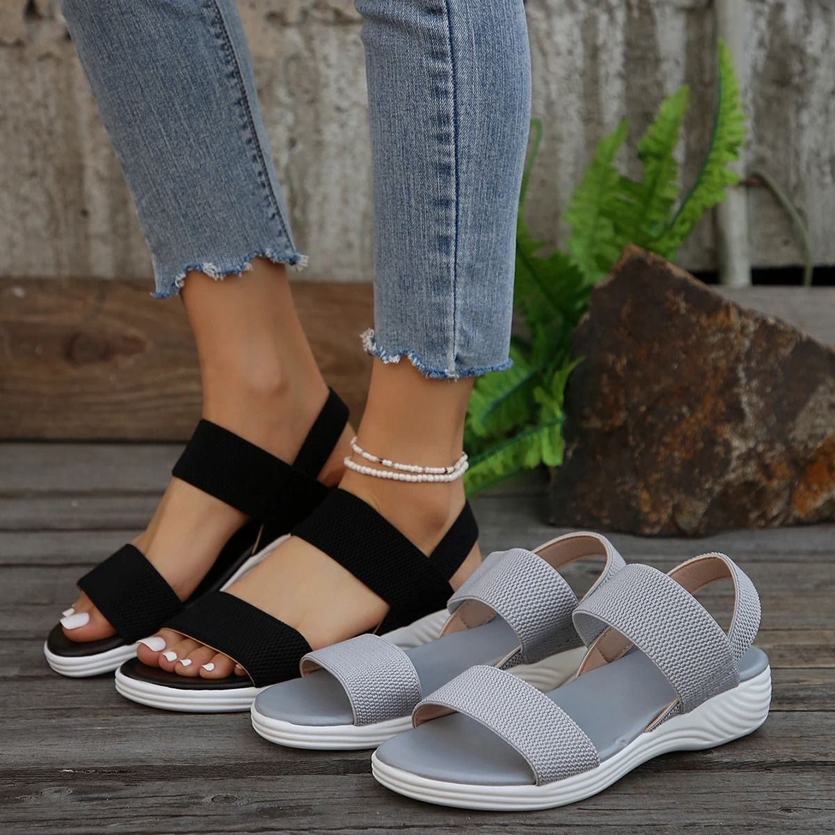 Women Knit Wedge Sandals Slip On Lightweight Summer Shoes 7.5 beige