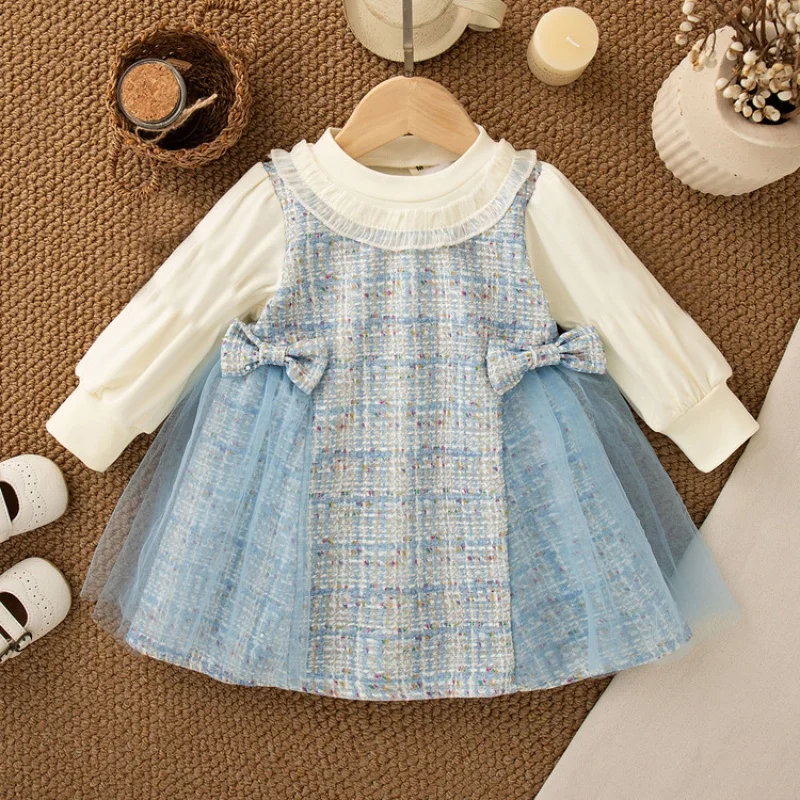 New Baby Girl Bow Decoration Princess Dress Korean Style Autumn Long Sleeved Clothes, Tulle Dress With Children Dress pink 12m