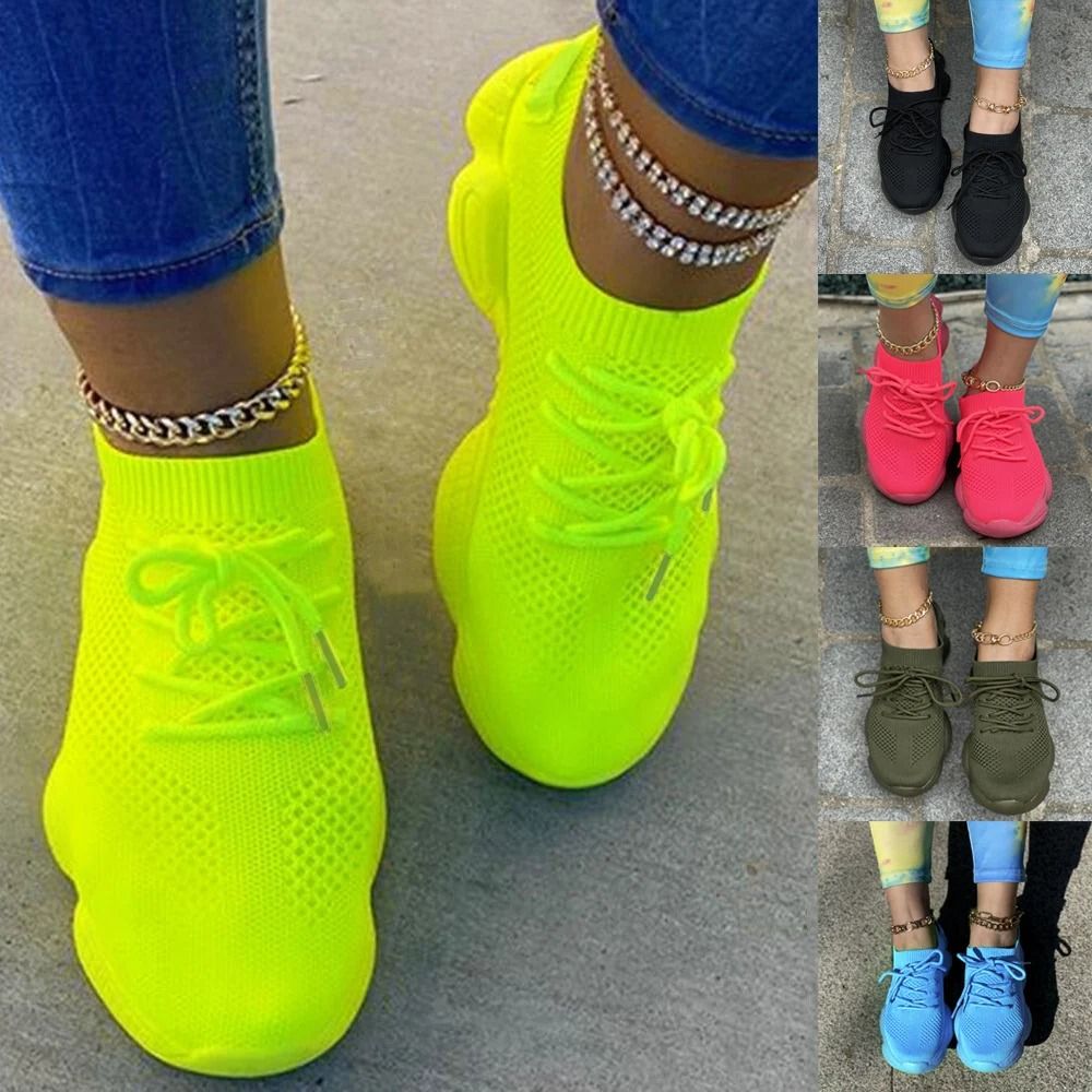 Womens Breathable Mesh Sneakers Comfortable Lace Up Trainers 6 yellow